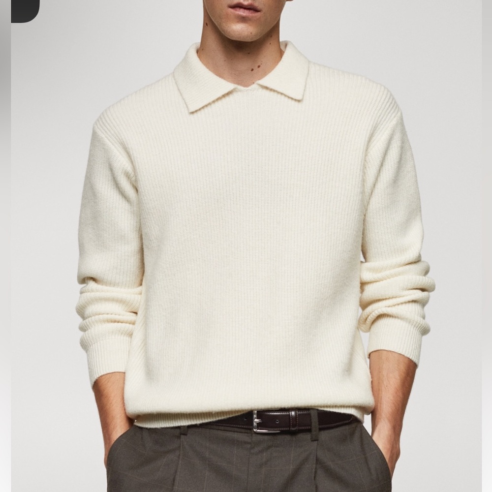 Mango Men’s Ribbed Polo Shirt Cream Size Medium New With Tags Wool Polo Sweater
